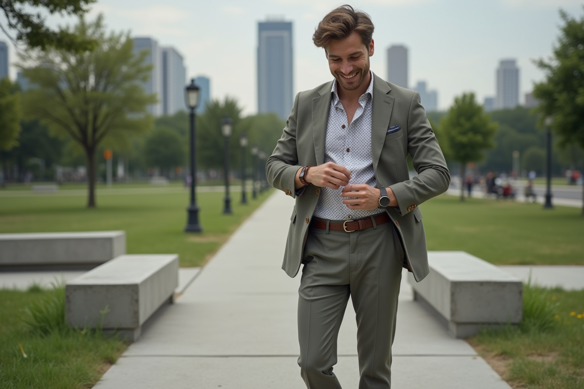 Personne nonbinaire souriante dans un parc urbain avec montre vintage