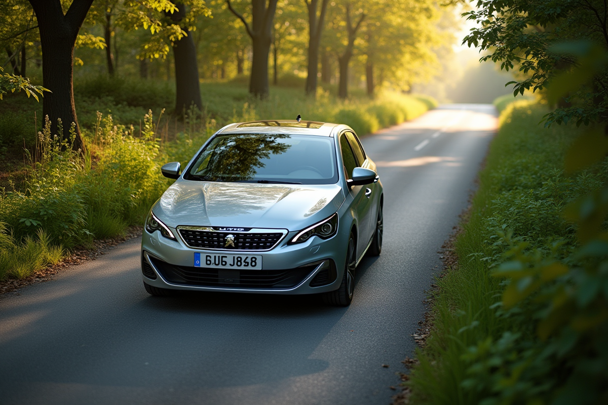 Voiture Peugeot 308 GT Line vue du dessus en campagne