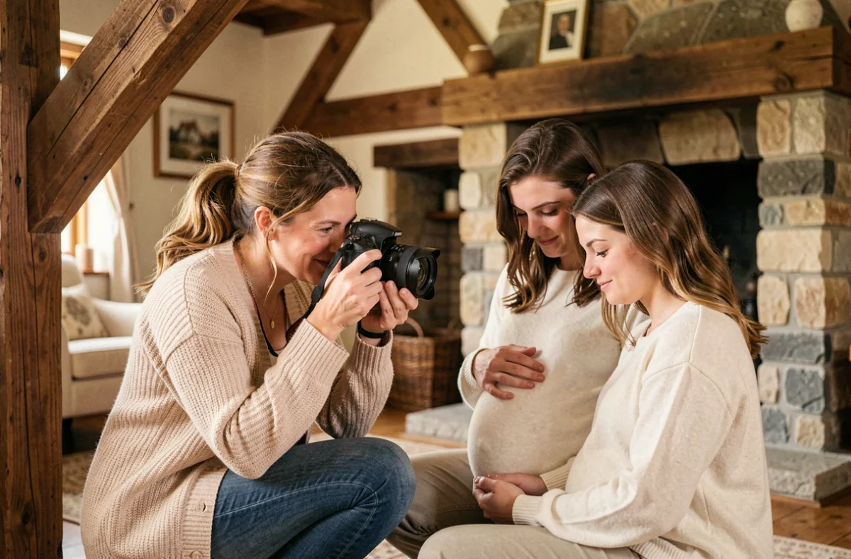 Photographe Christelle réalisant une séance maternité dans une ferme normande aux poutres en bois