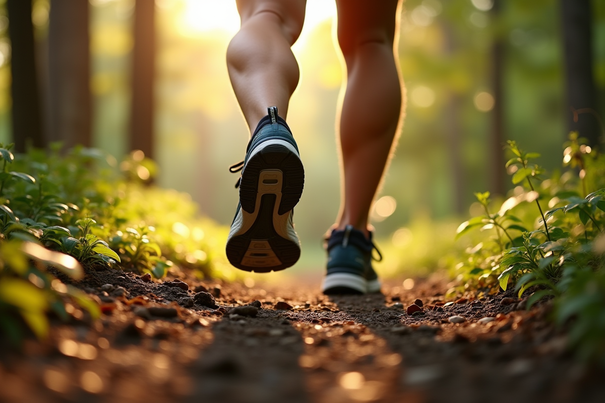 Zoom sur des pieds en chaussures de sport sur un sentier forestier