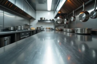 Plan de travail en inox brossé dans une cuisine professionnelle de restaurant avec équipements et étagères en acier inoxydable