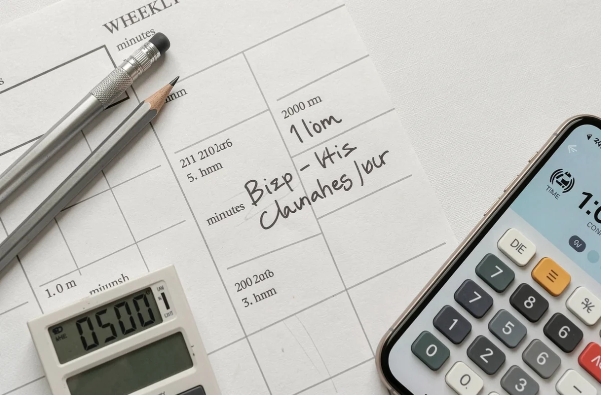 Vue aérienne d'un planning de travail avec conversion de minutes en heures décimales et calculatrice