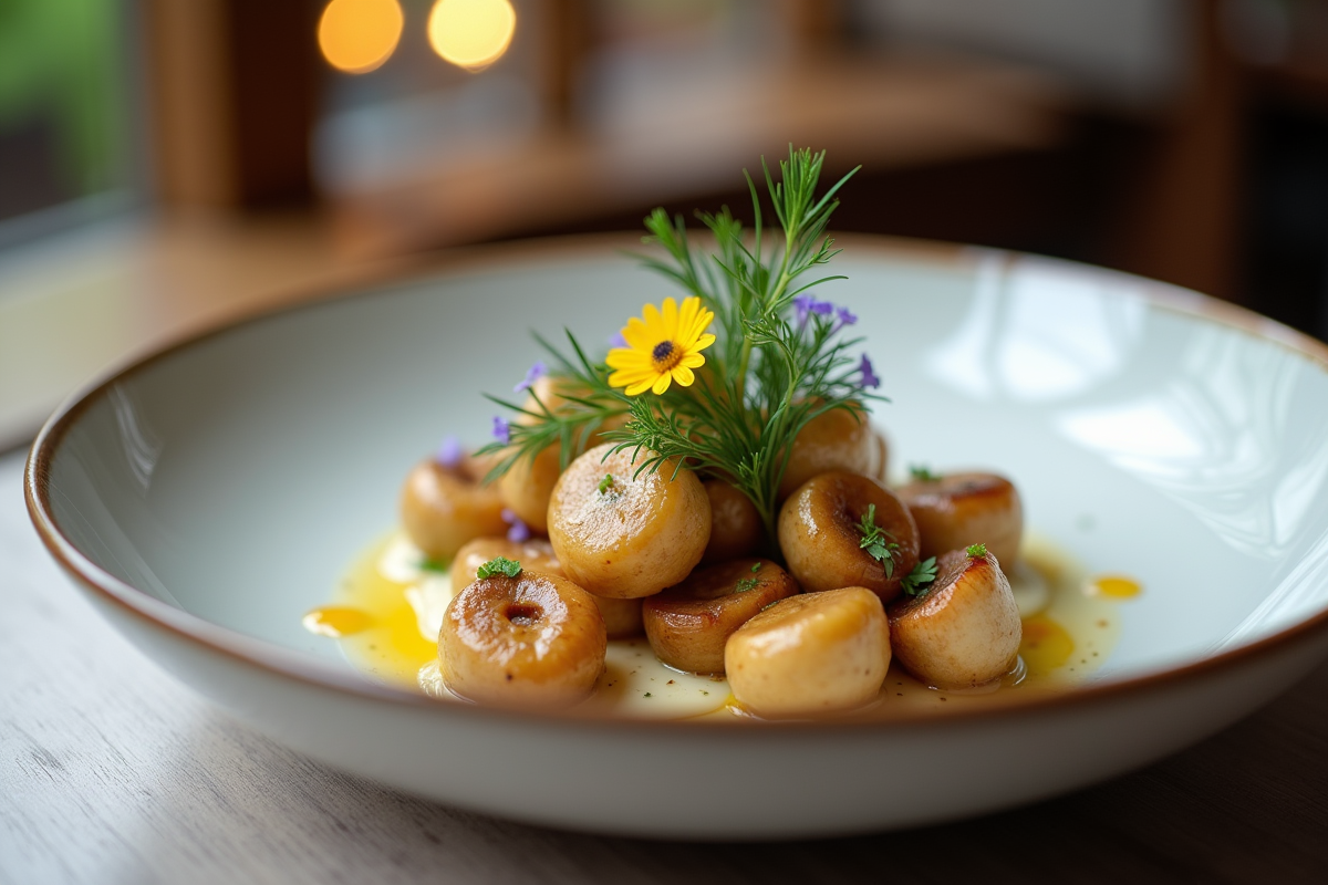 Plat de chanterelles sautées avec herbes et fleurs comestibles