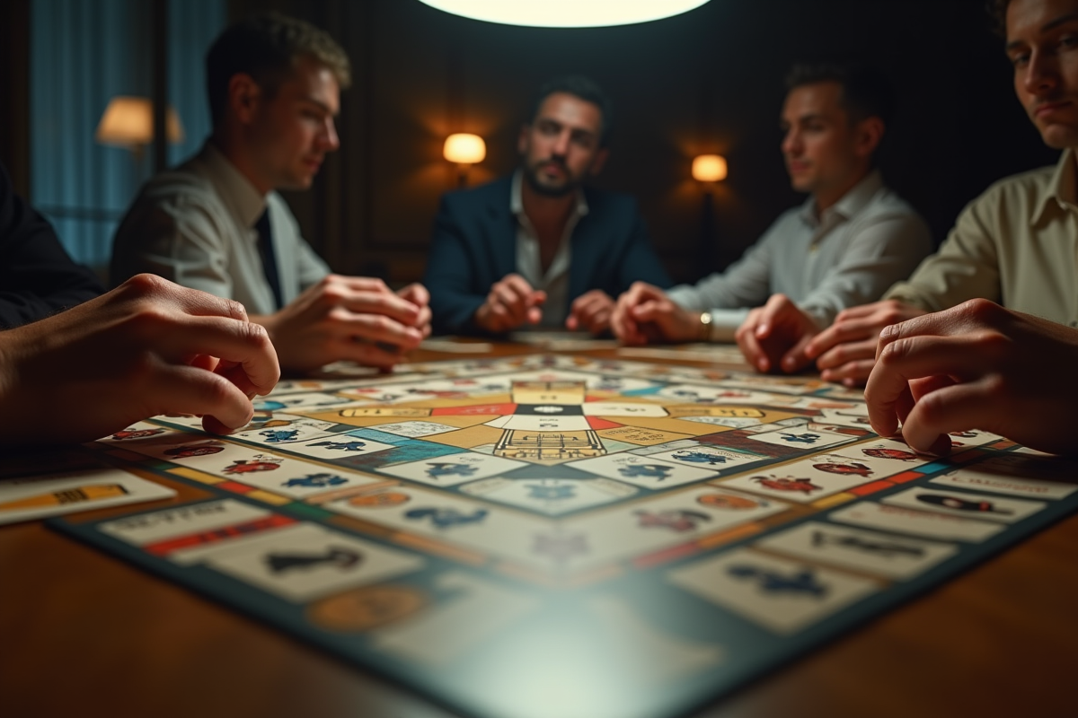 Plateau de Cluedo avec cartes et mains de joueurs
