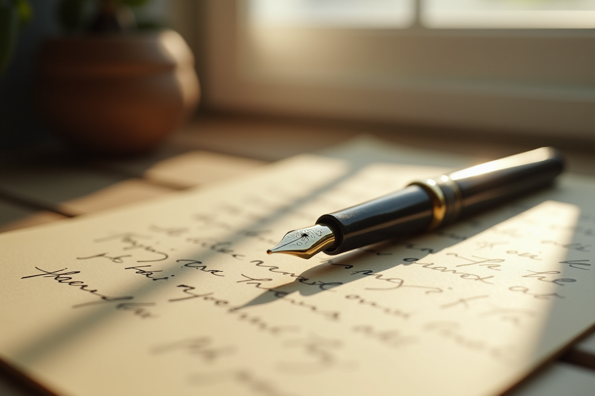 Plume ancienne reposant sur une lettre écrite au matin