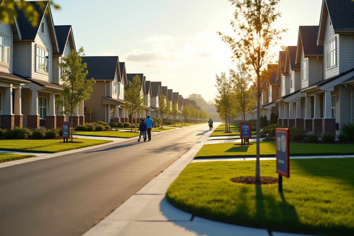 Rue résidentielle bien entretenue avec maisons neuves et ouvriers