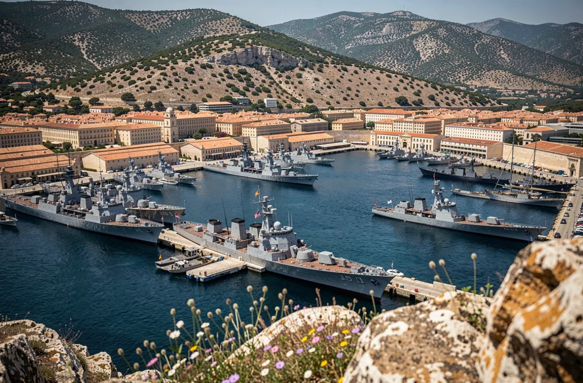 Vue panoramique depuis les hauteurs de Toulon sur la rade militaire et les navires de guerre ancrés