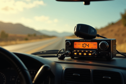Radio CB vintage sur tableau de bord de voiture avec affichage 104