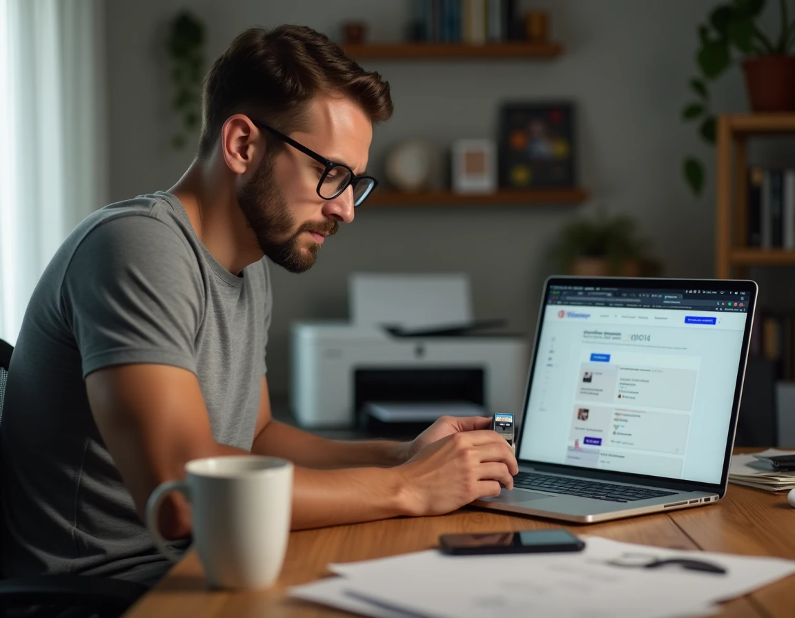 Homme recherchant les tarifs de cartouches d'encre sur un site de comparaison en ligne en Espagne