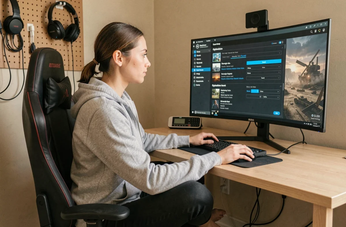 Joueuse optimisant les réglages graphiques d'un jeu de stratégie sur PC avec un moniteur ultrawide dans un bureau moderne
