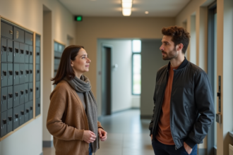 Femme et jeune homme discutant dans l'entrée d'un appartement