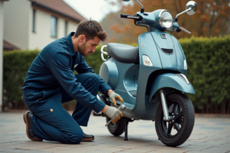 Jeune homme en combinaison de mécanicien répare un scooter