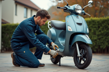 Jeune homme en combinaison de mécanicien répare un scooter