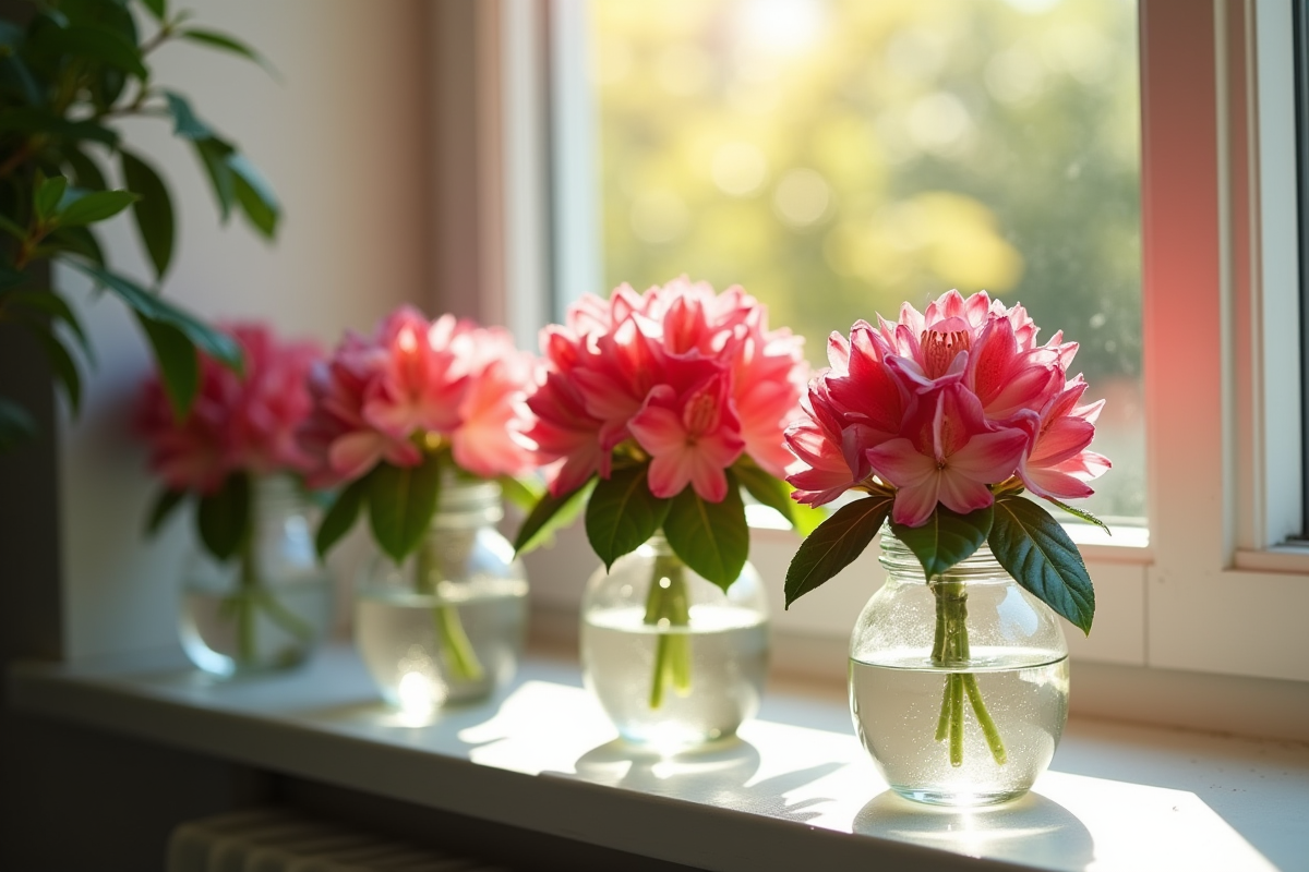 Rhododendrons en vase avec lumière naturelle près d