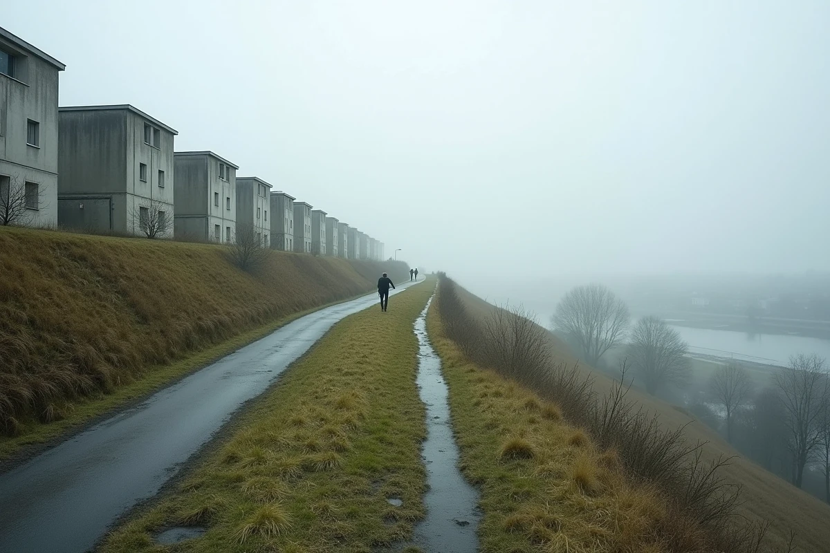 Cité Grammont à Rouen sur un coteau avec barres de béton préfabriqué et vallée de la Seine dans la brume