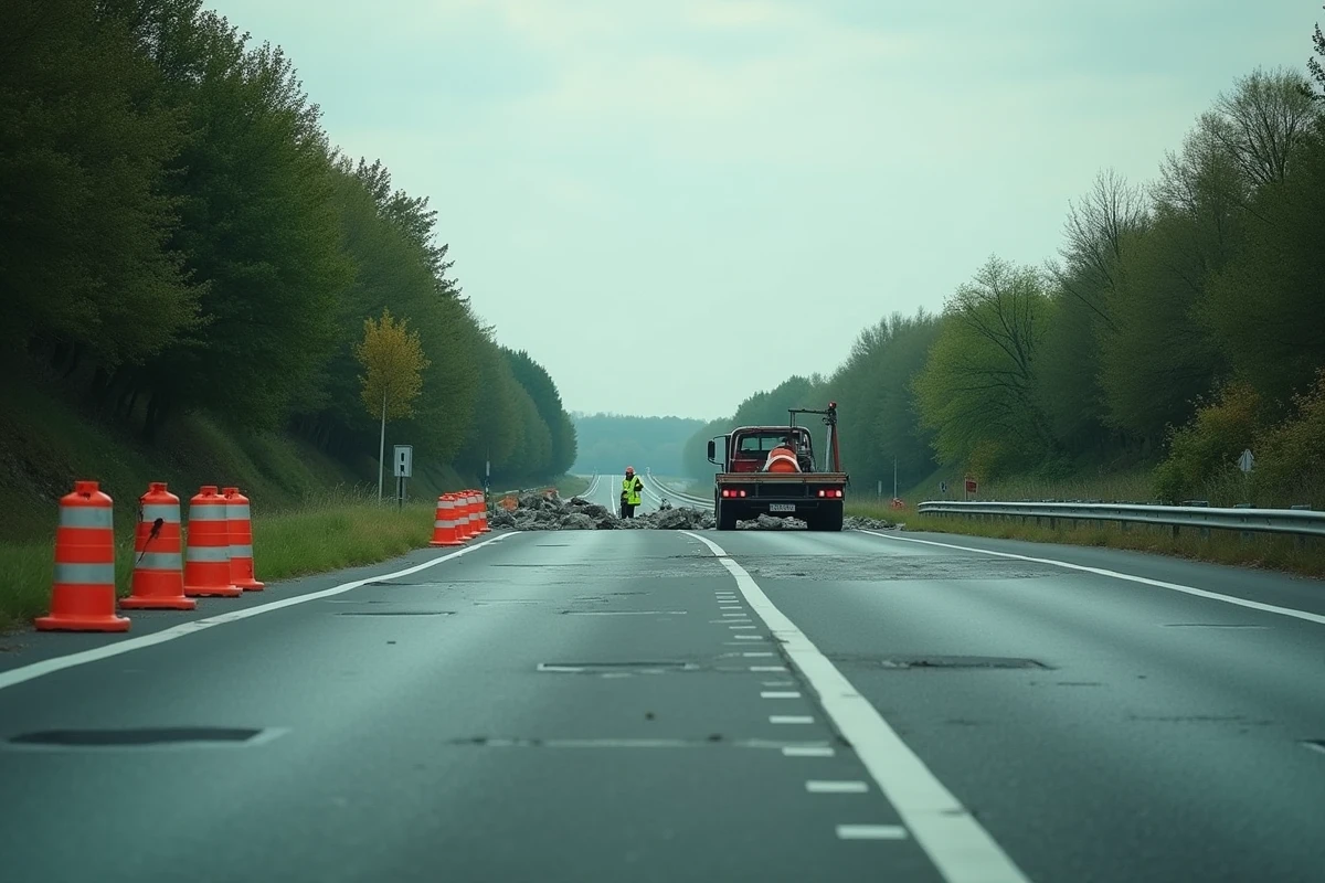 Route départementale près de Toulouse avec traces d'accident et intervention des secours