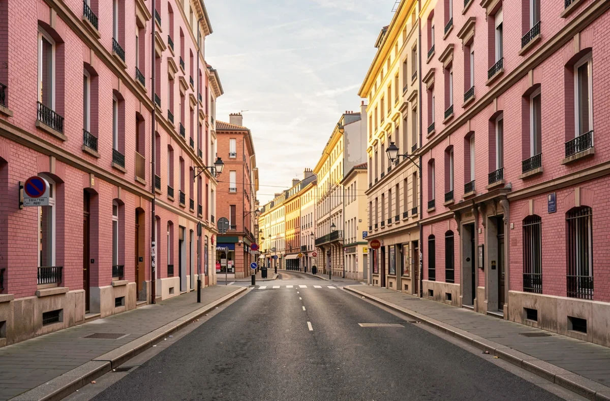 Rue toulousaine en brique rose près d'une station de métro