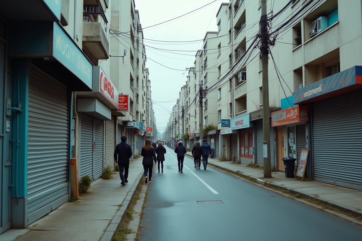 Rue de Saint-Denis en Seine-Saint-Denis avec barres d'immeubles HLM et commerces aux volets métalliques