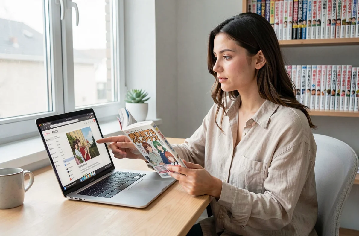 Jeune femme comparant la lecture de scan manga en ligne et les volumes physiques de One Piece sur son bureau