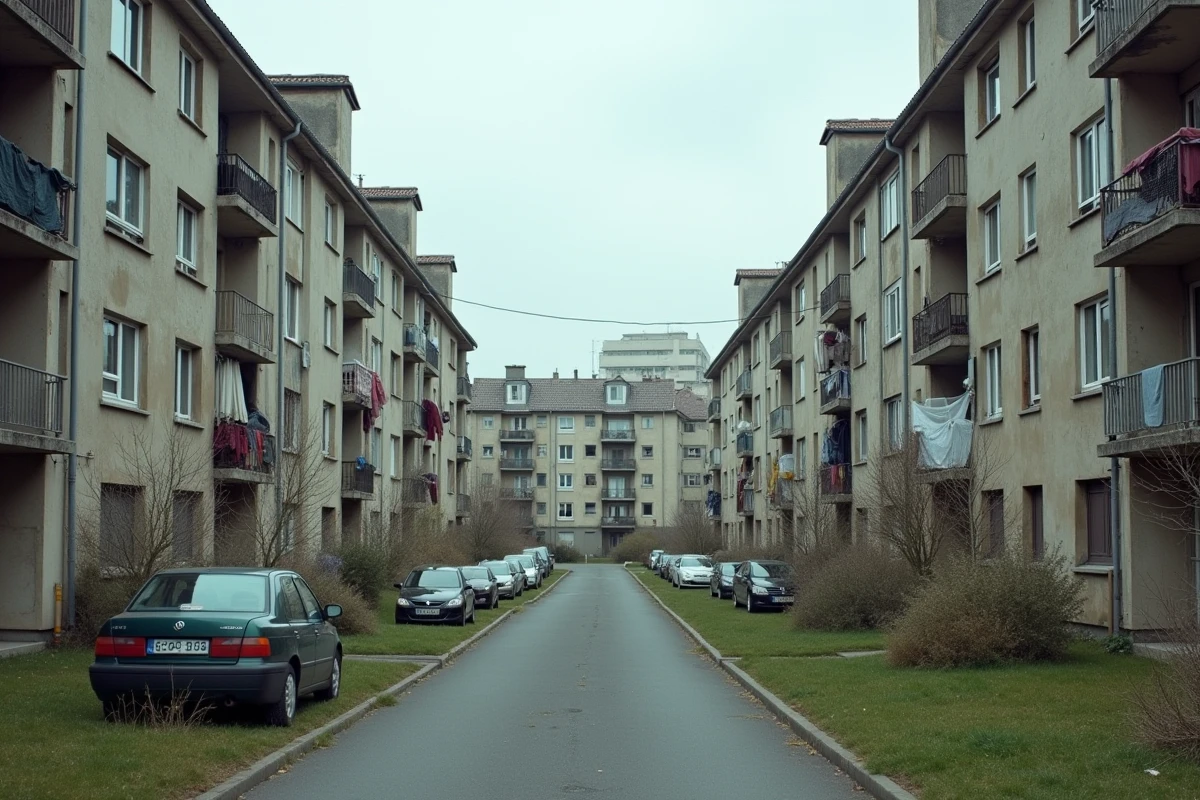 Cité de logements sociaux à Sevran avec façades en béton tachées et balcons chargés de linge
