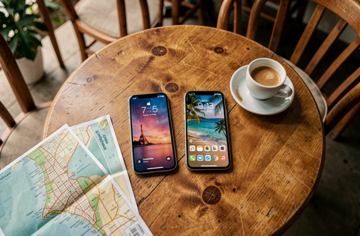Deux smartphones affichant les fuseaux horaires de Paris et de la Guadeloupe sur une table de café