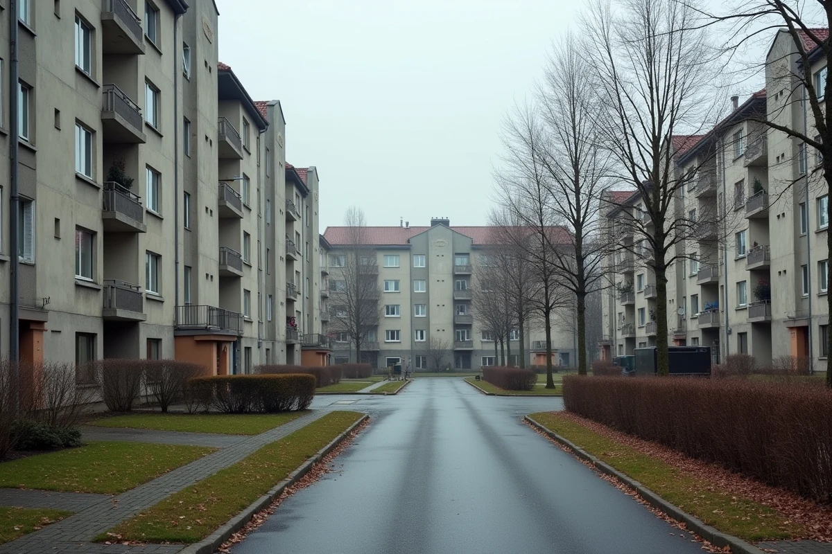 Cité des années 1970 de Hautepierre à Strasbourg avec grands blocs résidentiels en béton disposés en arc