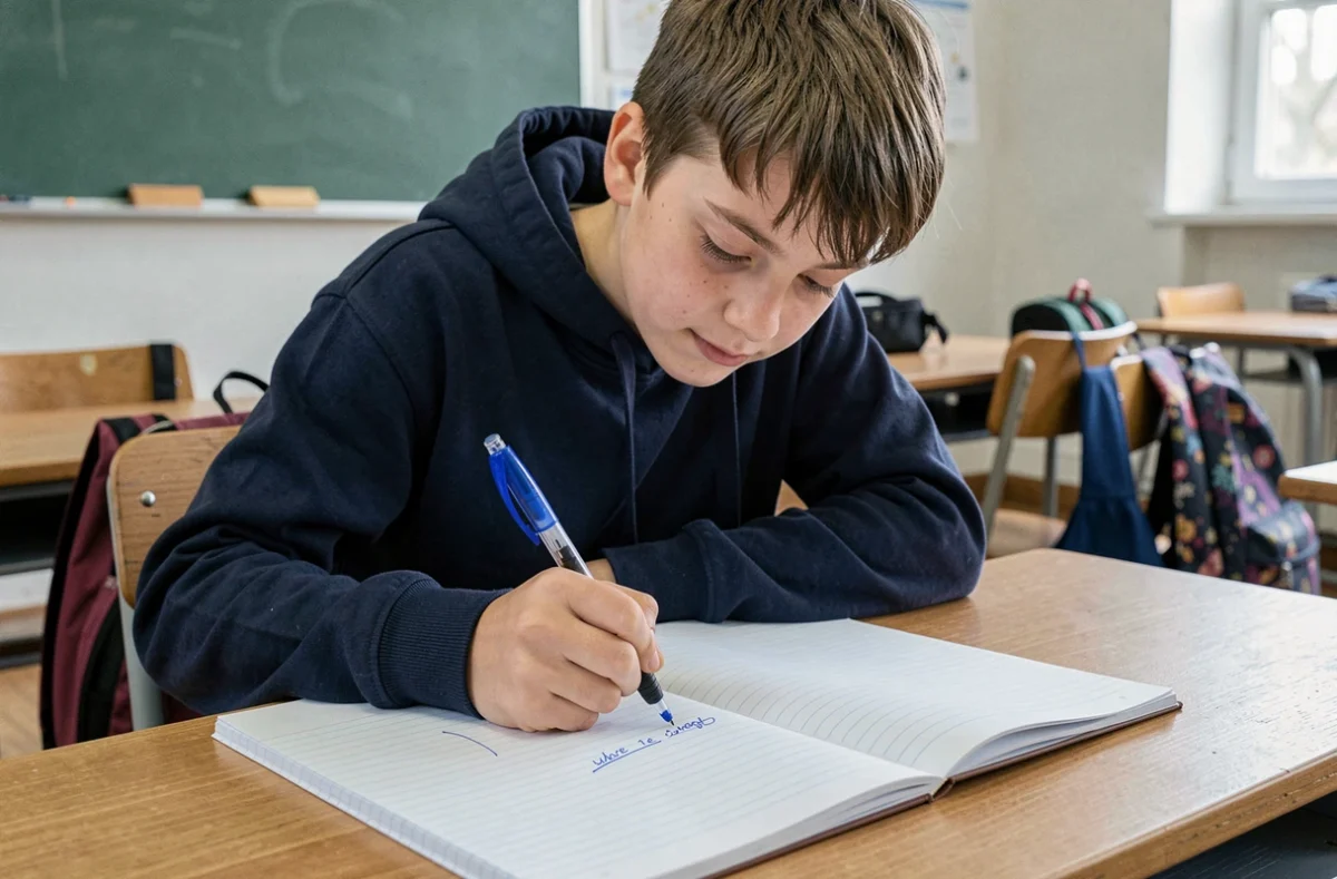 Adolescent en classe effaçant une écriture dans un cahier avec un stylo 4 couleurs effaçable