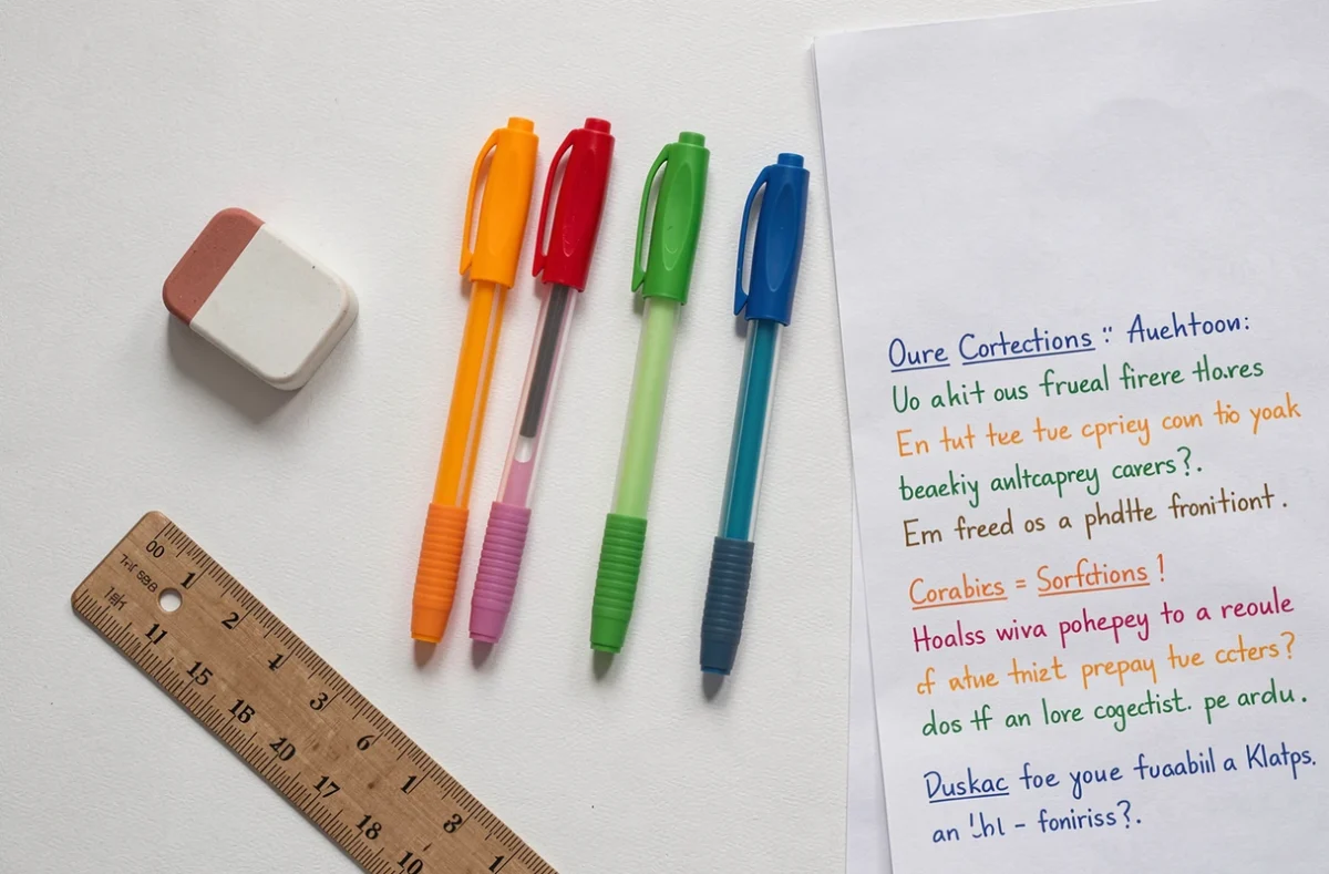 Stylos 4 couleurs effaçables disposés en flat lay sur une surface blanche avec une gomme et une règle