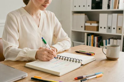 Femme utilisant un stylo 4 couleurs effaçable pour prendre des notes dans un carnet sur un bureau en bois