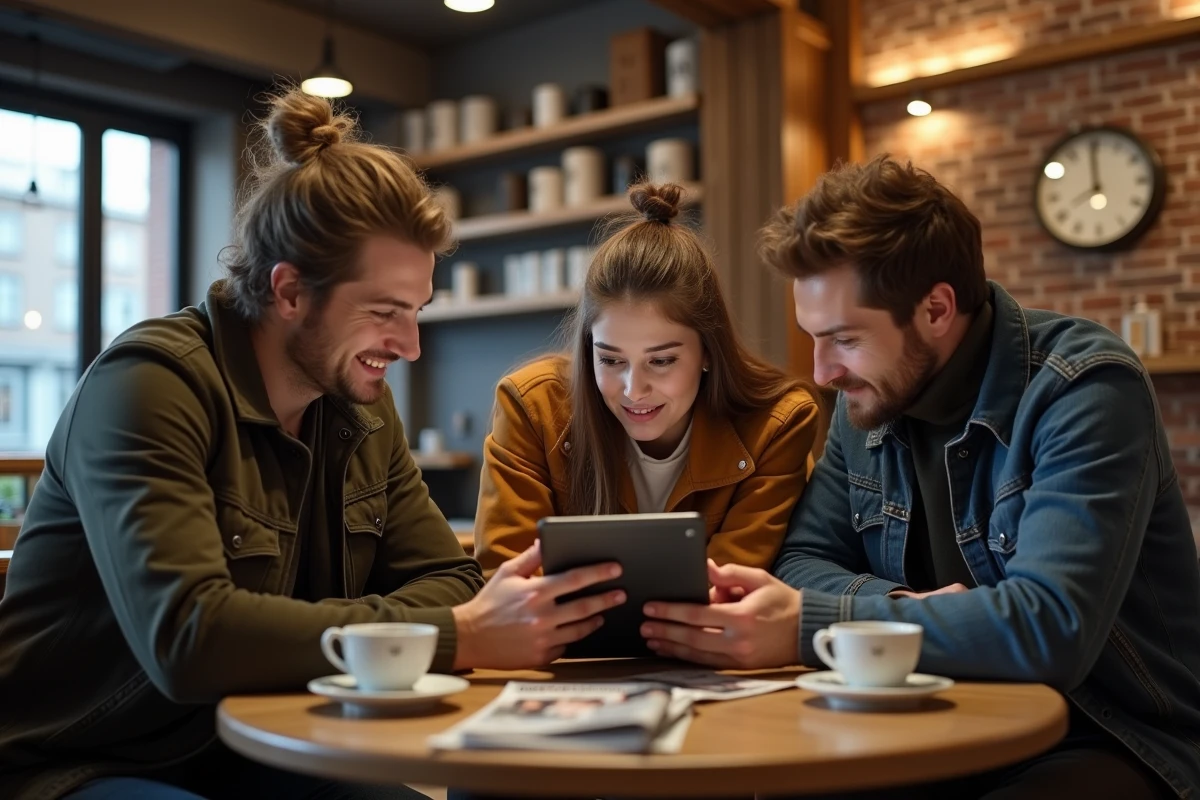 Groupe d'amis suivant l'actualité célébrités sur une tablette dans un café