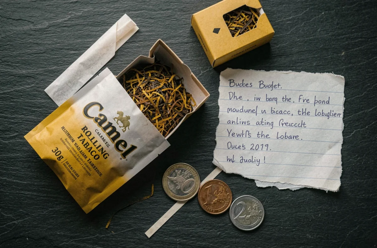 Vue de dessus d'un paquet de tabac Camel 30g ouvert avec pièces de monnaie et note de budget sur ardoise sombre