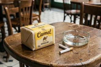 Paquet de tabac à rouler Camel 30g posé sur une table de café en bois avec un cendrier en verre