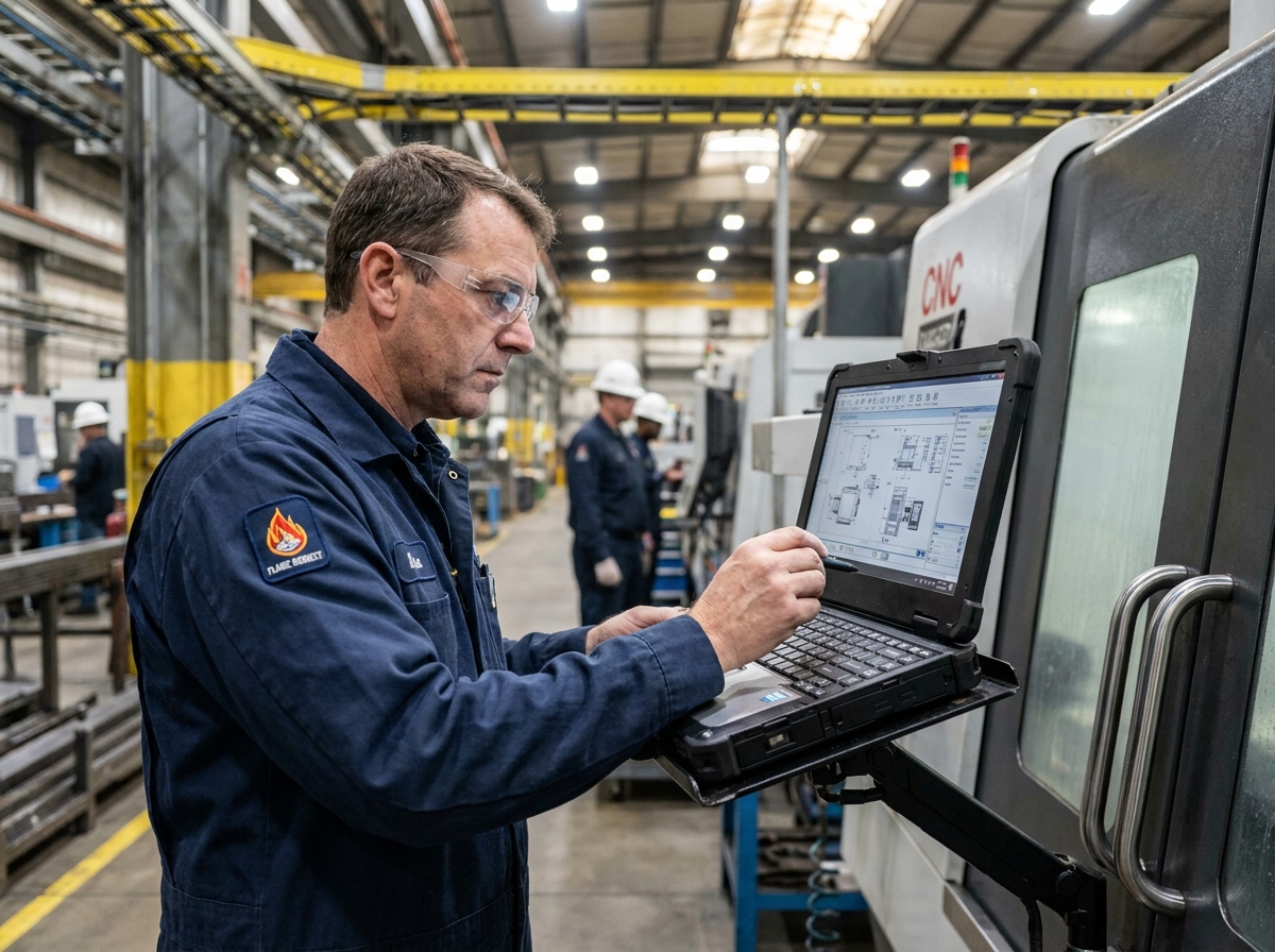 Technicien utilisant un ordinateur durci fixé sur bras articulé dans un atelier de machines industrielles