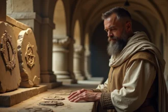 Templier en tunique examinant des reliques anciennes au musée