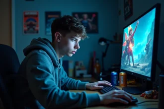 Jeune homme épuisé devant son PC jouant à League of Legends tard dans la nuit, entouré de canettes vides, illustrant le temps excessif passé sur le jeu