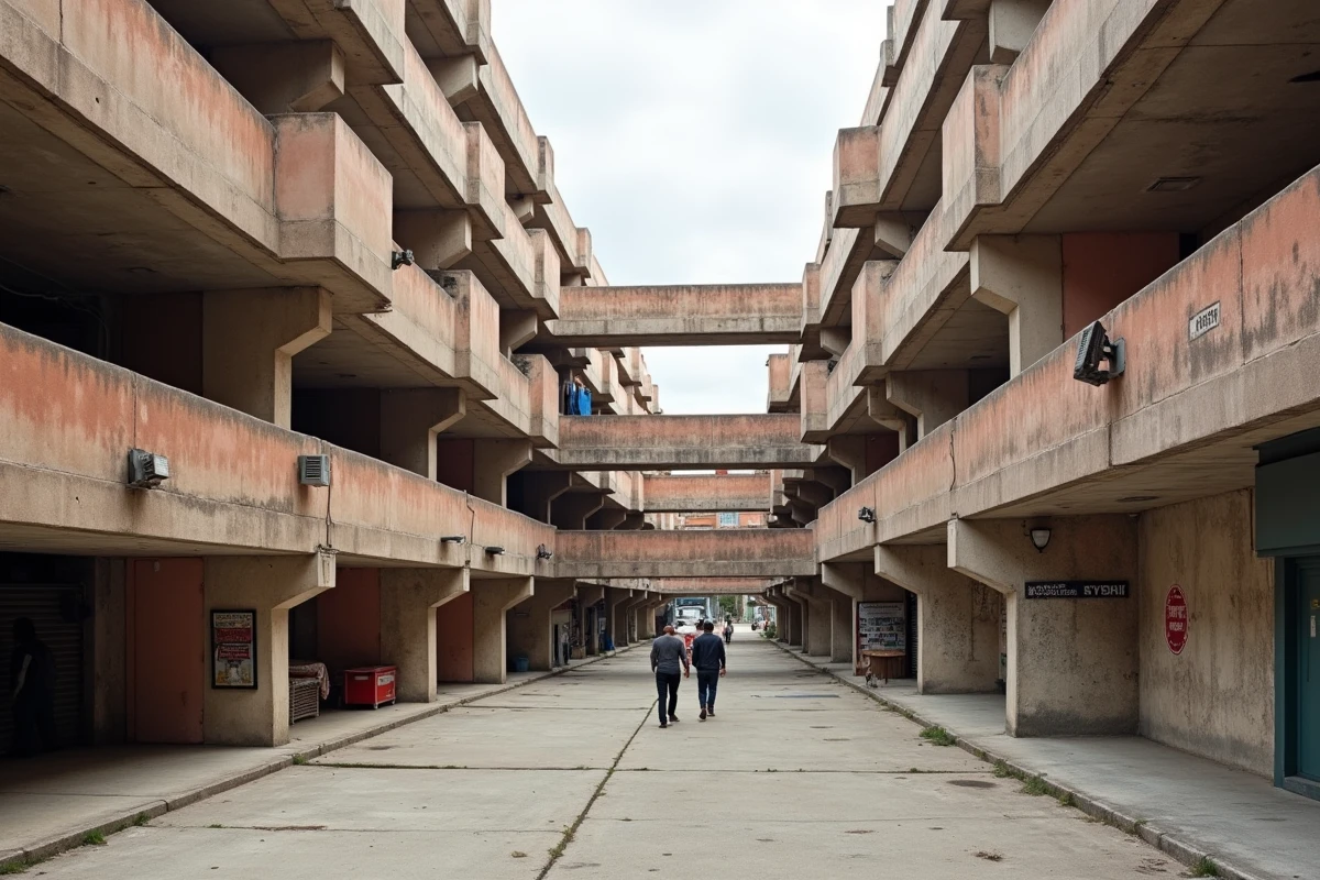 Architecture brutaliste du quartier Mirail-Reynerie à Toulouse avec passerelles surélevées et dalles en béton
