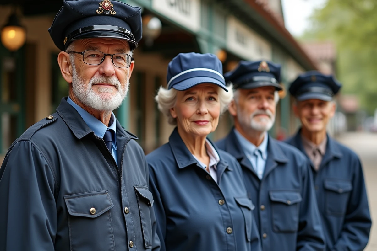 Travailleurs retraités devant une gare française avec uniformes
