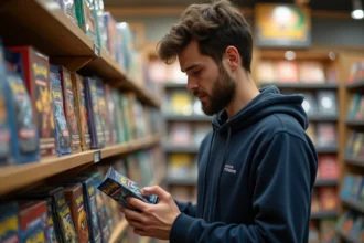 Jeune homme cherchant des cartes Pokémon dans un magasin de jeux spécialisé pendant une période de rupture de stock