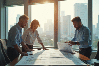 Architecte et urbaniste examinant des plans en bureau lumineux