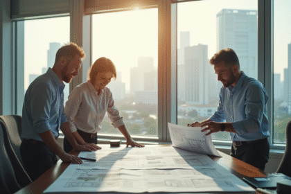 Architecte et urbaniste examinant des plans en bureau lumineux