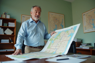 Urbaniste regardant une carte de zonage en bureau