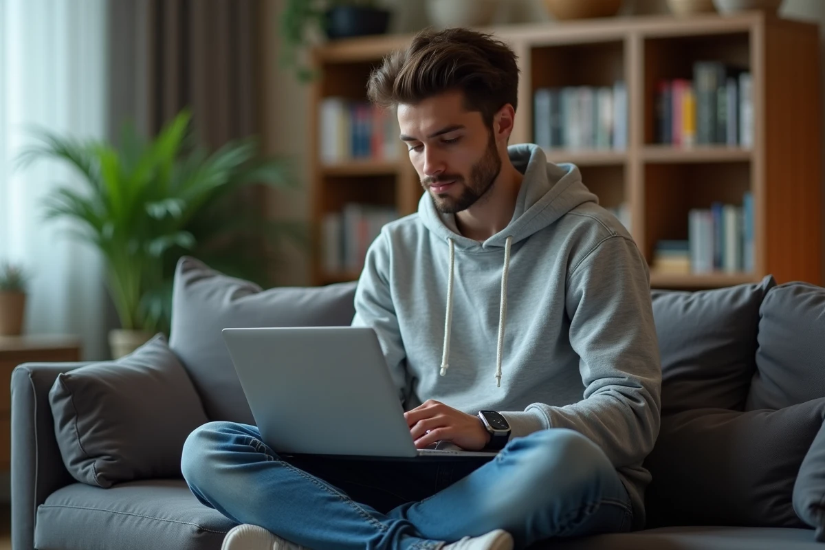Jeune homme suivant les dernières nouvelles peoples sur son ordinateur chez lui