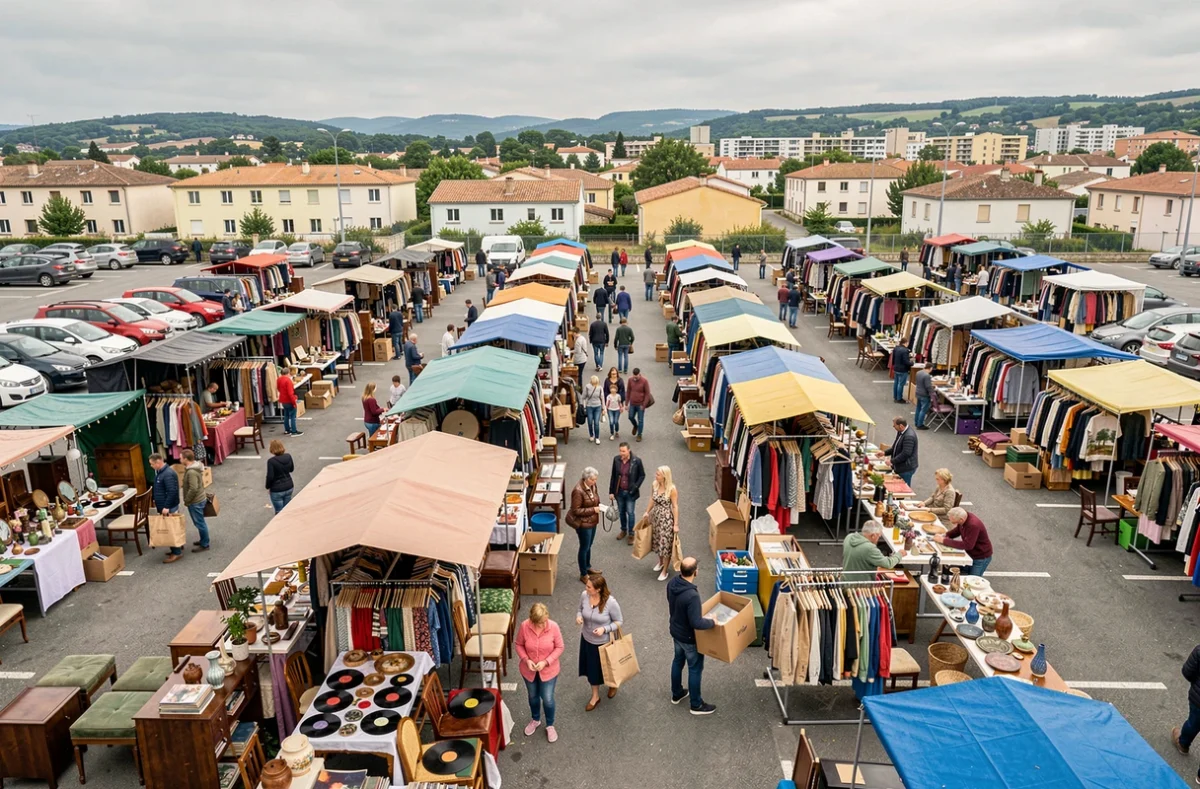 Vue aérienne d'un grand vide-grenier en plein air à Montauban avec des allées animées et des étals colorés