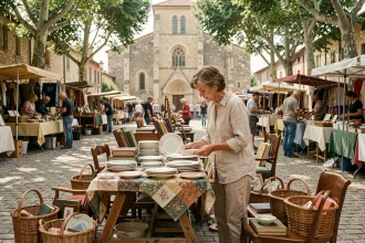 Femme examinant des céramiques vintage lors d'un vide-grenier dans une place de village du Tarn-et-Garonne