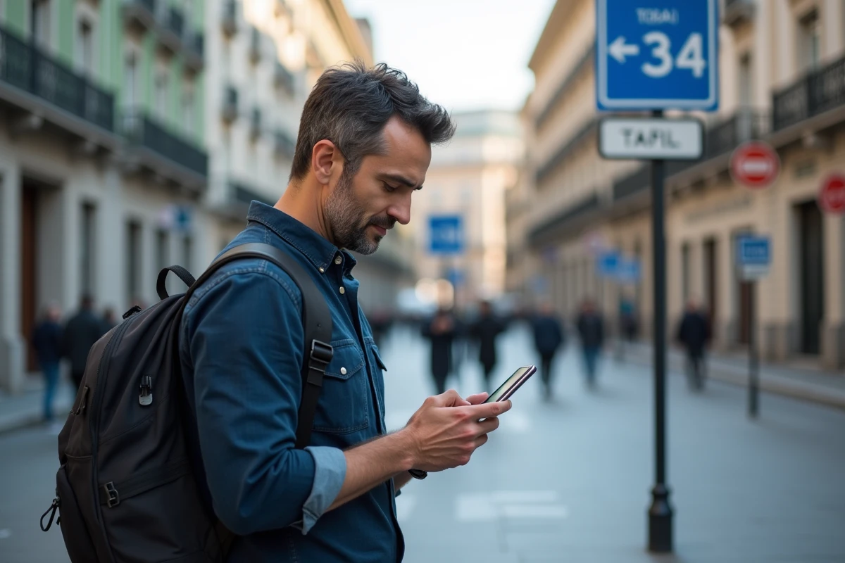 Voyageur masculin configurant l'indicatif international +34 sur son téléphone dans une rue de Madrid