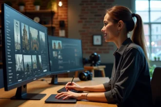 Photographe professionnelle gérant son workflow photo sur un logiciel de gestion d'images dans un studio moderne