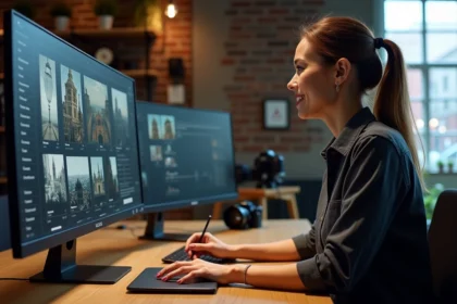 Photographe professionnelle gérant son workflow photo sur un logiciel de gestion d'images dans un studio moderne